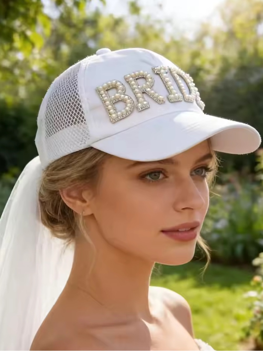 White Pearl-Embellished Bride Trucker Cap